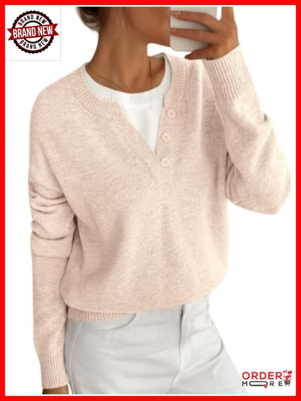 Women's Oversized 2-in-1 Knit Sweater Crew Neck Button Pullover Long Sleeve